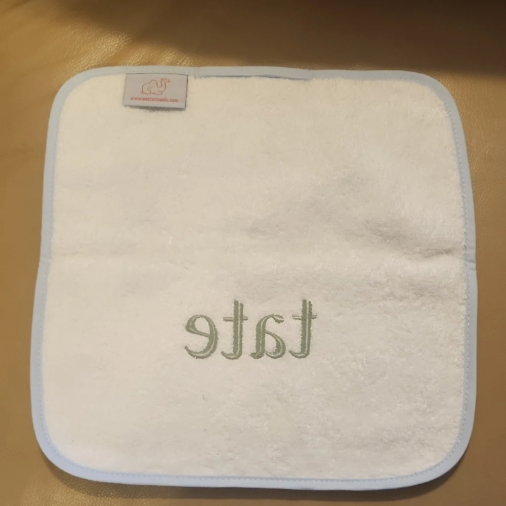 tate Embroidered White Hand Cloth with Light Blue Trim